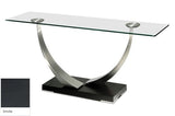 Elite Modern Tangent 265 End Table with a Glass Top, Champagne-Plated Arms, and a Smoke Grey Walnut Veneer Base