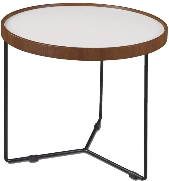 Bellini Tricks End Table in Washed White Glass, Walnut, and Black Steel